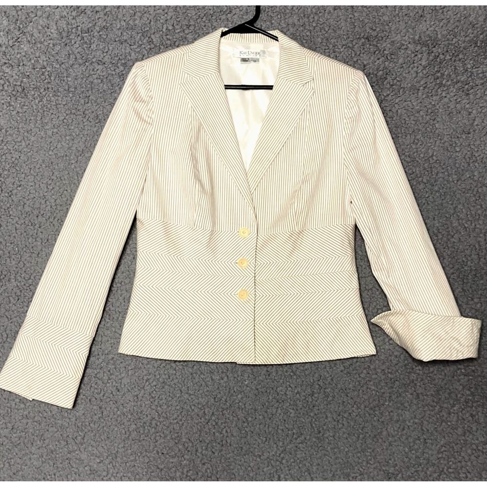 Vtg Kay Unger Khaki Striped Blazer Jacket Womens Best Fits 10 M Designer $250